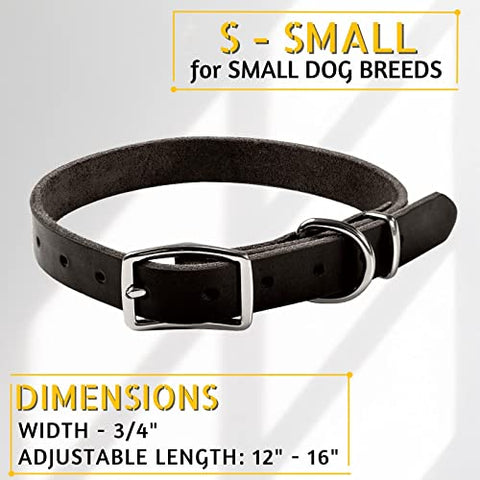 ADITYNA Premium Leather Dog Collar for Small Dogs and Puppies - Classic Style, Soft and Strong, 100% Genuine Leather, (Small, Black)