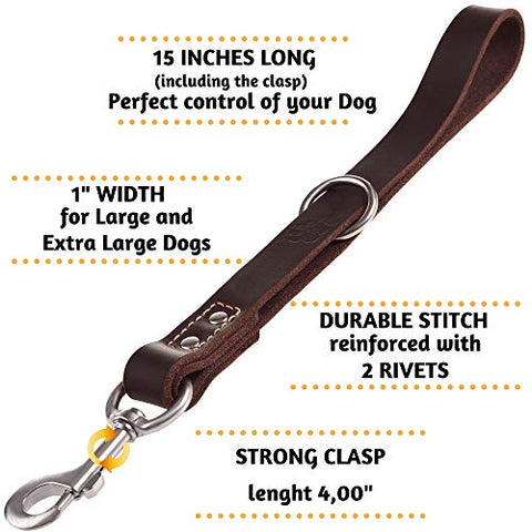 ADITYNA Short Dog Leash 15" Length x 1" Wide - Traffic Leather Dog Leash for Large and Extra-Large Dogs