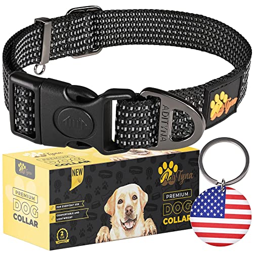 ADITYNA Reflective Dog Collar with Safety Lock Buckle - Dog Tag Engraved with USA Flag