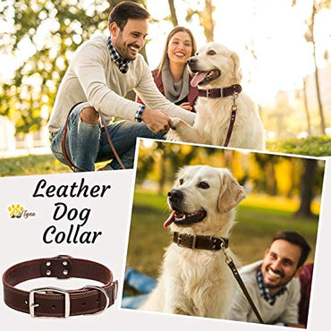 ADITYNA Leather Dog Collar for Large Dogs - Heavy Duty Wide Dog Collars (L: 1,2" Width / 17"- 23" Length, Brown)