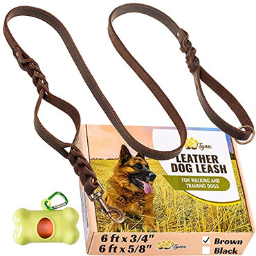 Braided Leather Dog Leash 6 ft x 5/8" - Soft and Strong Leather Dog Leash for Medium Dogs (Double Handle 6 Foot x 5/8"", Brown)