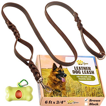 Braided Leather Dog Leash 6 ft x 3/4" - Soft and Strong Dog Leash for Large and Medium Dogs (Double Handle 6 foot x 3/4", Brown)