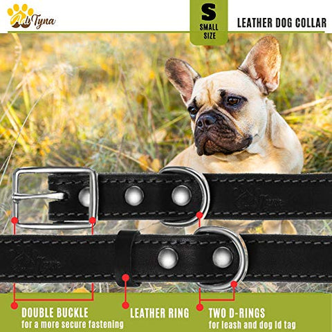 ADITYNA Leather Dog Collar for Puppy and Small Dogs - Heavy Duty Dog Collars (S: ¾ Width / 10"- 14,5" Length, Black)