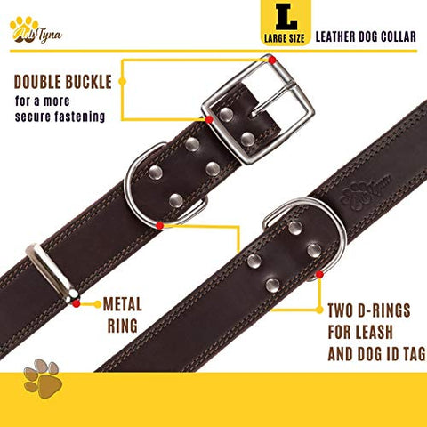 ADITYNA Leather Dog Collar for Large Dogs - Heavy Duty Wide Dog Collars (L: 1,2" Width / 17"- 23" Length, Brown)