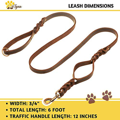 Braided Leather Dog Leash 6 ft x 3/4" - Soft and Strong Dog Leash for Large and Medium Dogs (Double Handle 6 foot x 3/4", Brown)