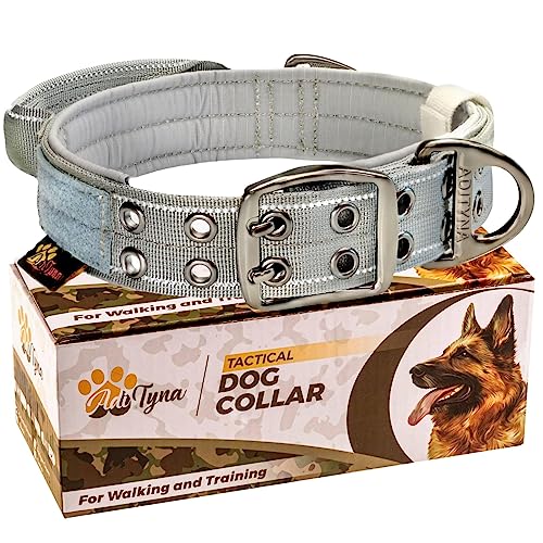 ADITYNA - Heavy-Duty Dog Collar with Handle - Reflective Gray Dog Collar for Large Dogs - Wide, Thick, Tactical, Soft Padded