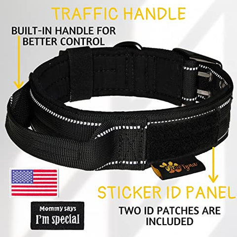 ADITYNA Tactical Dog Collar with Handle for Training and Walking, Heavy-Duty and Adjustable, Extra Wide with Reflective Stitching