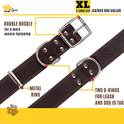 ADITYNA Leather Dog Collar for Extra-Large Dogs - Heavy Duty Wide Dog Collars (XL: 1,5" Width / 22"- 30" Length, Brown)