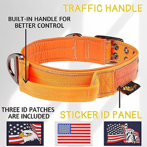 ADITYNA - Heavy-Duty Dog Collar with Handle - Reflective Gray Dog Collar for Large Dogs - Wide, Thick, Tactical, Soft Padded (Large: Fit 18-23" Neck, Orange)