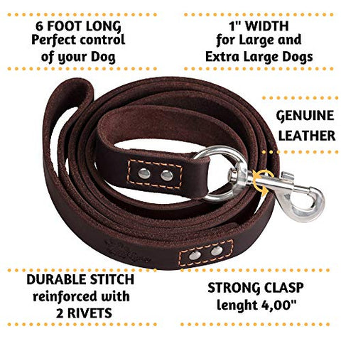 Heavy Duty Leather Dog Leash 6 Foot x 1" - Soft and Strong Dog Leash for Large Dogs and Extra Large Dogs (XL - 6 ft x 1 inch, Brown)