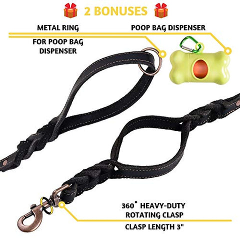 Braided Leather Dog Leash 6 ft x 5/8" - Soft and Strong Leather Dog Leash (Double Handle 6 Foot x 5/8"", Black)