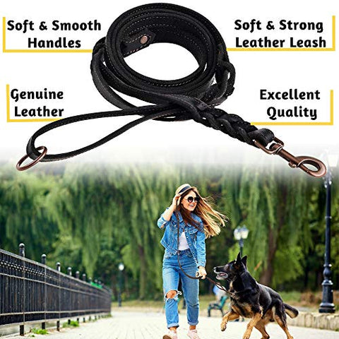 Braided Leather Dog Leash 6 ft x 5/8" - Soft and Strong Leather Dog Leash (Double Handle 6 Foot x 5/8"", Black)
