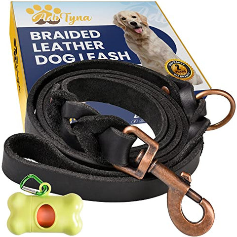 ADITYNA Braided Leather Dog Leash 5.6 ft - Heavy Duty Training Leather Dog Leashes for Small, Medium, Large and Extra-Large Dogs (Black, 5.6 ft x 3/4")