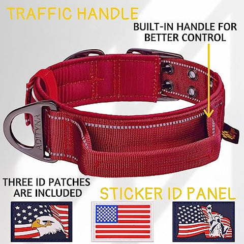 ADITYNA - Heavy-Duty Dog Collar with Handle - Reflective Burgundy Dog Collar for Large Dogs - Wide, Thick, Tactical, Soft Padded