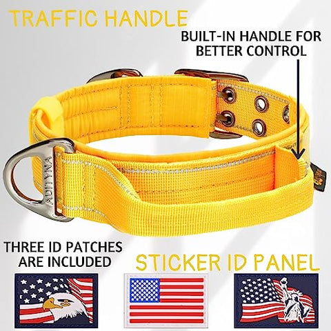 ADITYNA - Heavy-Duty Dog Collar with Handle - Reflective Yellow Dog Collar for Large Dogs - Wide, Thick, Tactical, Soft Padded