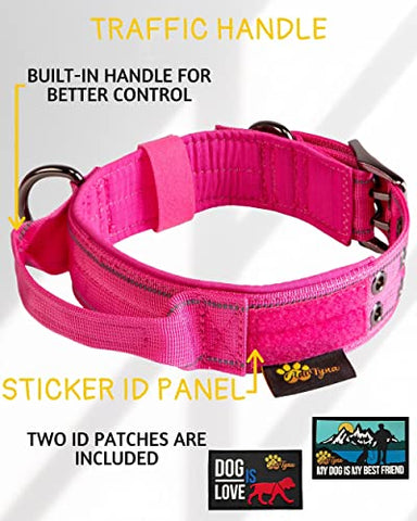 Big Pink Dog Collar for Extra Large Girl Dogs - Tactical Dog Collar with Handle - Heavy-Duty, Reflective, Soft Padded Training Dog Collar