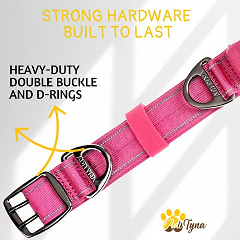 ADITYNA Heavy Duty Dog Collar with Handle - Reflective Pink Dog Collar for Medium Girl Dogs - Wide, Thick, Tactical, Soft Padded - Perfect Dog Collar for Training, Walking, or Hunting