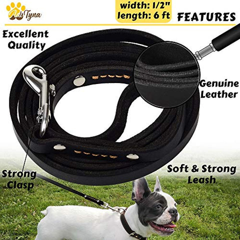 ADITYNA Leather Dog Leash 6 Foot - Soft and Strong Leather Leash for Small and Medium Dog (6 ft x 1/2", Black)