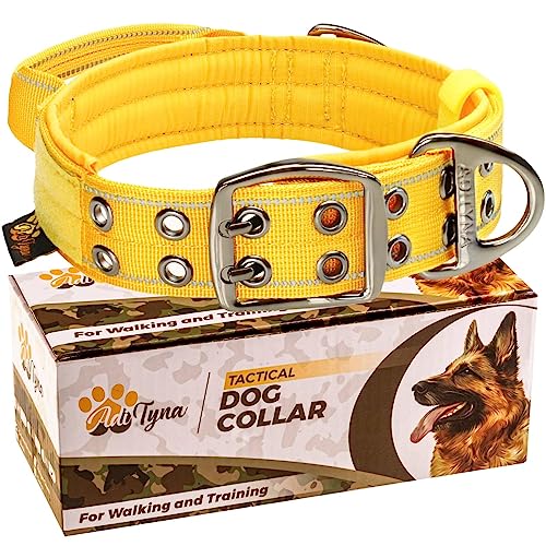 ADITYNA - Heavy-Duty Dog Collar with Handle - Reflective Yellow Dog Collar for Large Dogs - Wide, Thick, Tactical, Soft Padded