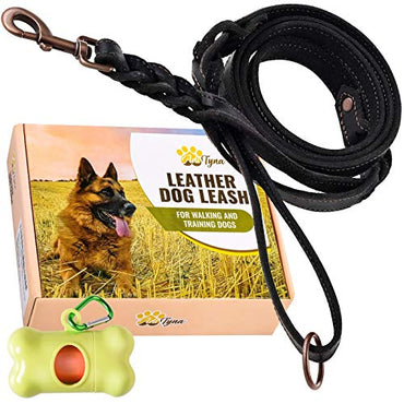 Braided Leather Dog Leash 6 foot x 3/4" - Soft and Strong Dog Leash for Large and Medium Dogs (Double Handle 6 foot x 3/4", Black)