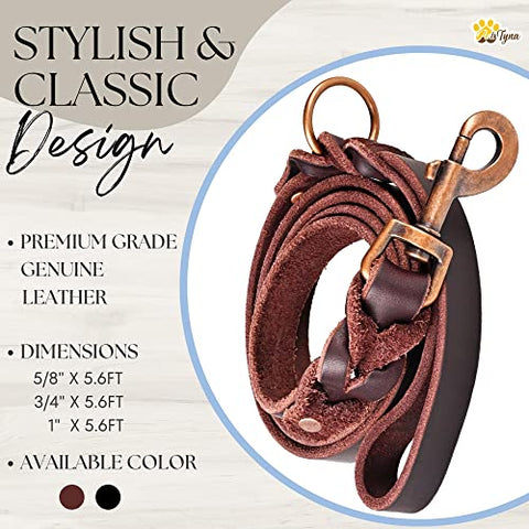 Heavy-Duty Leather Dog Leash 5.6 ft - Soft & Strong Training Dog Leashes for Small, and Medium (Brown, 5.6 ft x 5/8")