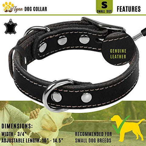 ADITYNA Leather Dog Collar for Puppy and Small Dogs - Heavy Duty Dog Collars (S: ¾ Width / 10"- 14,5" Length, Black)