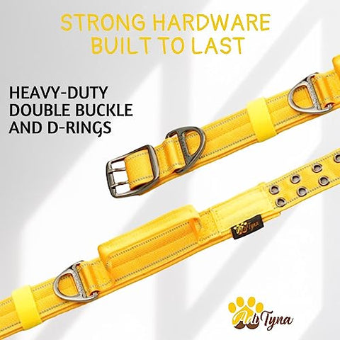 ADITYNA - Heavy-Duty Dog Collar with Handle - Reflective Yellow Dog Collar for Large Dogs - Wide, Thick, Tactical, Soft Padded