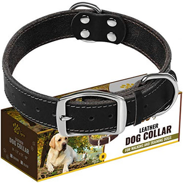 ADITYNA Leather Dog Collar for Medium Dogs - Heavy Duty Wide Dog Collars (M: 1,2" Width / 13"- 20" Length, Black)