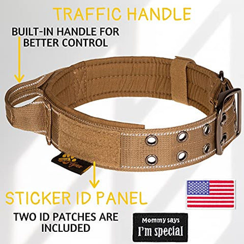 Dog Collar with Handle - Heavy Duty Dog Collar for Large Dogs - Tactical Dog Collar with Patch Area and Two Patches Included (L, Brown)