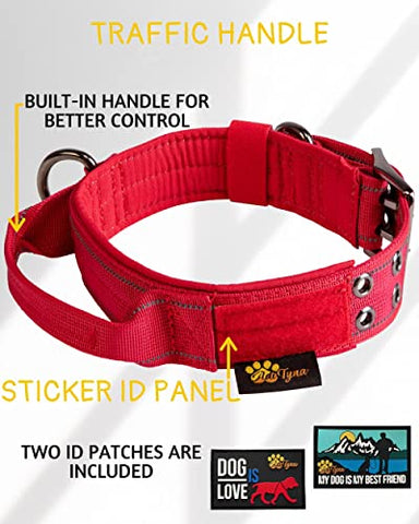 Red Dog Collar for Large Dogs - Tactical Dog Collar with Handle - Heavy-Duty, Reflective, Soft Padded Training Dog Collar