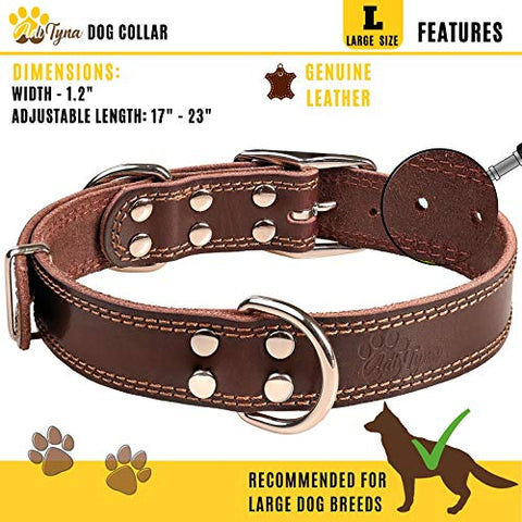ADITYNA Leather Dog Collar for Large Dogs - Heavy Duty Wide Dog Collars (L: 1,2" Width / 17"- 23" Length, Brown)