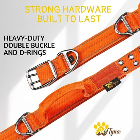 ADITYNA - Heavy-Duty Dog Collar with Handle - Reflective Gray Dog Collar for Large Dogs - Wide, Thick, Tactical, Soft Padded (Large: Fit 18-23" Neck, Orange)