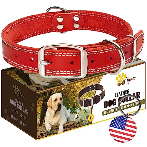 Heavy Duty Red Leather Dog Collar - Soft and Strong Dog Collar for Large Dogs