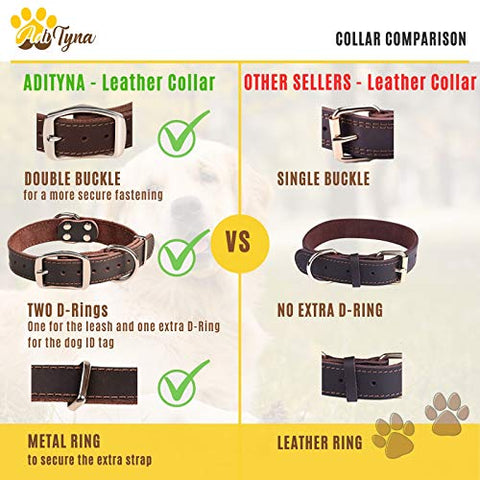 ADITYNA Leather Dog Collar for Medium Dogs - Heavy Duty Wide Dog Collars (M: 1,2" Width / 13"- 20" Length, Brown)