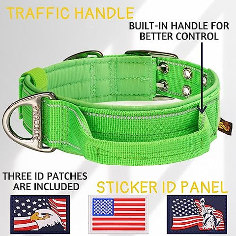 ADITYNA - Heavy-Duty Dog Collar with Handle - Reflective Green Dog Collar for Large Dogs - Wide, Thick, Tactical, Soft Padded