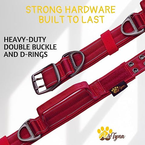 ADITYNA - Heavy-Duty Dog Collar with Handle - Reflective Burgundy Dog Collar for Large Dogs - Wide, Thick, Tactical, Soft Padded