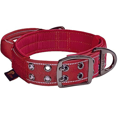 ADITYNA - Heavy-Duty Dog Collar with Handle - Reflective Burgundy Dog Collar for Large Dogs - Wide, Thick, Tactical, Soft Padded