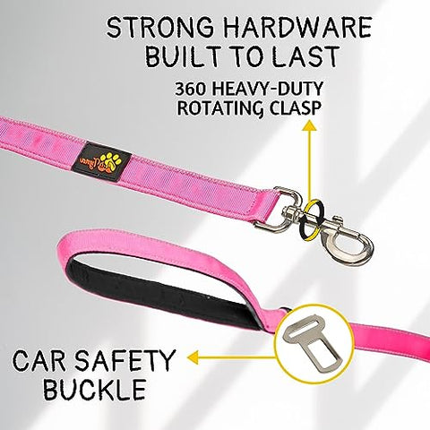 Heavy Duty Bungee Dog Leash 6 ft - 7.5 ft for Large and Medium Dogs | No Pull, Reflective, Tactical Dog Leash | Soft Neoprene Padded Double Handle (Pink)