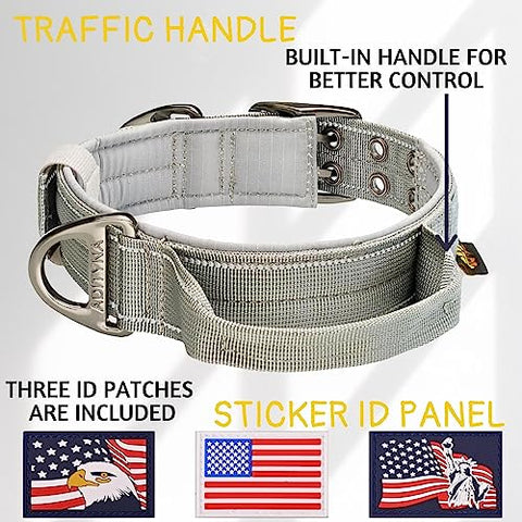 ADITYNA - Heavy-Duty Dog Collar with Handle - Reflective Gray Dog Collar for Large Dogs - Wide, Thick, Tactical, Soft Padded