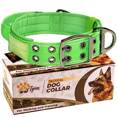 ADITYNA - Heavy-Duty Dog Collar with Handle - Reflective Green Dog Collar for Large Dogs - Wide, Thick, Tactical, Soft Padded