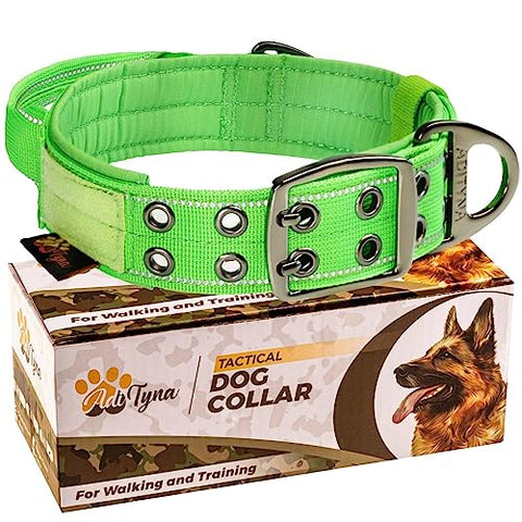 ADITYNA - Heavy-Duty Dog Collar with Handle - Reflective Green Dog Collar for Large Dogs - Wide, Thick, Tactical, Soft Padded