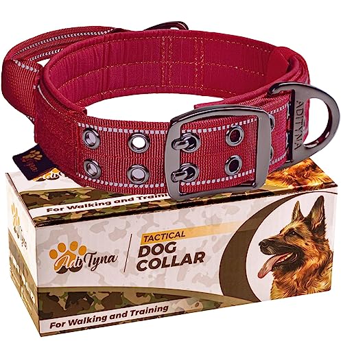 ADITYNA - Heavy-Duty Dog Collar with Handle - Reflective Burgundy Dog Collar for Large Dogs - Wide, Thick, Tactical, Soft Padded