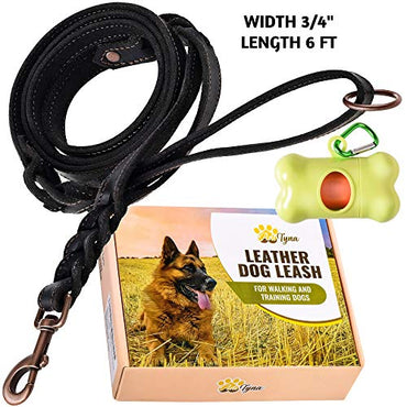 Braided Leather Dog Leash 6 foot x 3/4" - Soft and Strong Dog Leash for Large and Medium Dogs (Double Handle 6 foot x 3/4", Black)