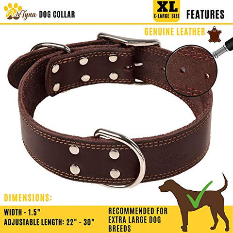 ADITYNA Leather Dog Collar for Extra-Large Dogs - Heavy Duty Wide Dog Collars (XL: 1,5" Width / 22"- 30" Length, Brown)