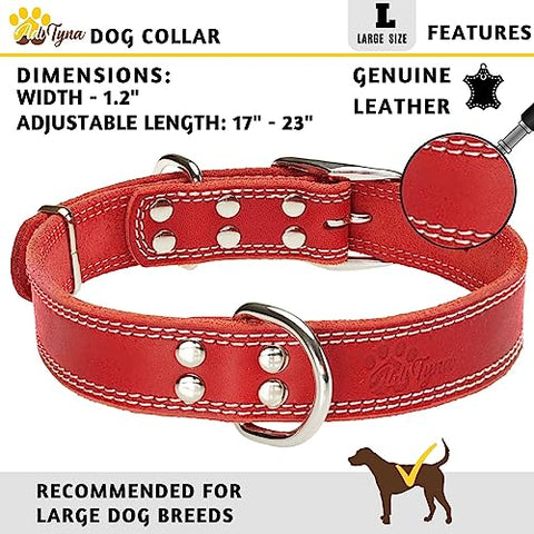 Heavy Duty Red Leather Dog Collar - Soft and Strong Dog Collar for Large Dogs