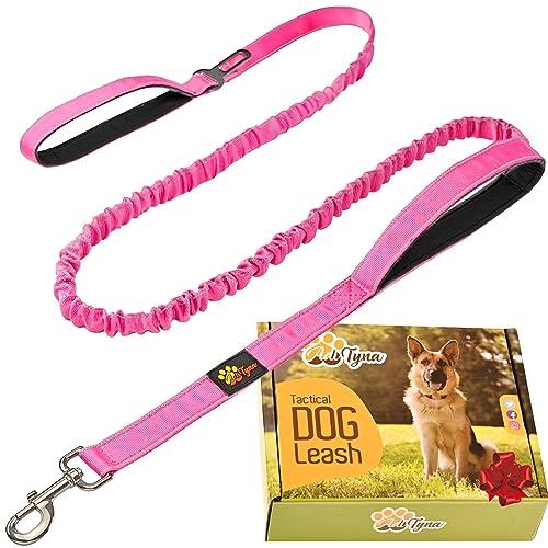 Heavy Duty Bungee Dog Leash 6 ft - 7.5 ft for Large and Medium Dogs | No Pull, Reflective, Tactical Dog Leash | Soft Neoprene Padded Double Handle (Pink)