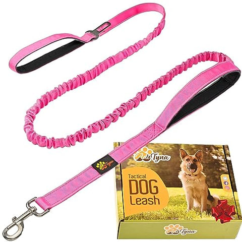 Heavy Duty Bungee Dog Leash 6 ft - 7.5 ft for Large and Medium Dogs | No Pull, Reflective, Tactical Dog Leash | Soft Neoprene Padded Double Handle (Pink)