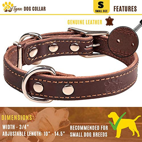 Leather Dog Collar for Puppy and Small Dogs - Heavy Duty Wide Dog Collars (S: ¾ Width / 10"- 14,5" Length, Brown)