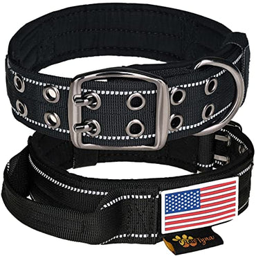 ADITYNA Tactical Dog Collar with Handle for Training and Walking, Heavy-Duty and Adjustable, Extra Wide with Reflective Stitching