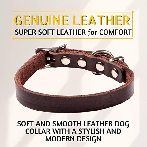 ADITYNA Premium Leather Dog Collar for Small Dogs and Puppies - Classic Style, Soft and Strong, 100% Genuine Leather, (Small, Brown)